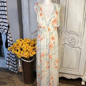 Feminine Floral Maxi Dress with Orange and Blue Accents